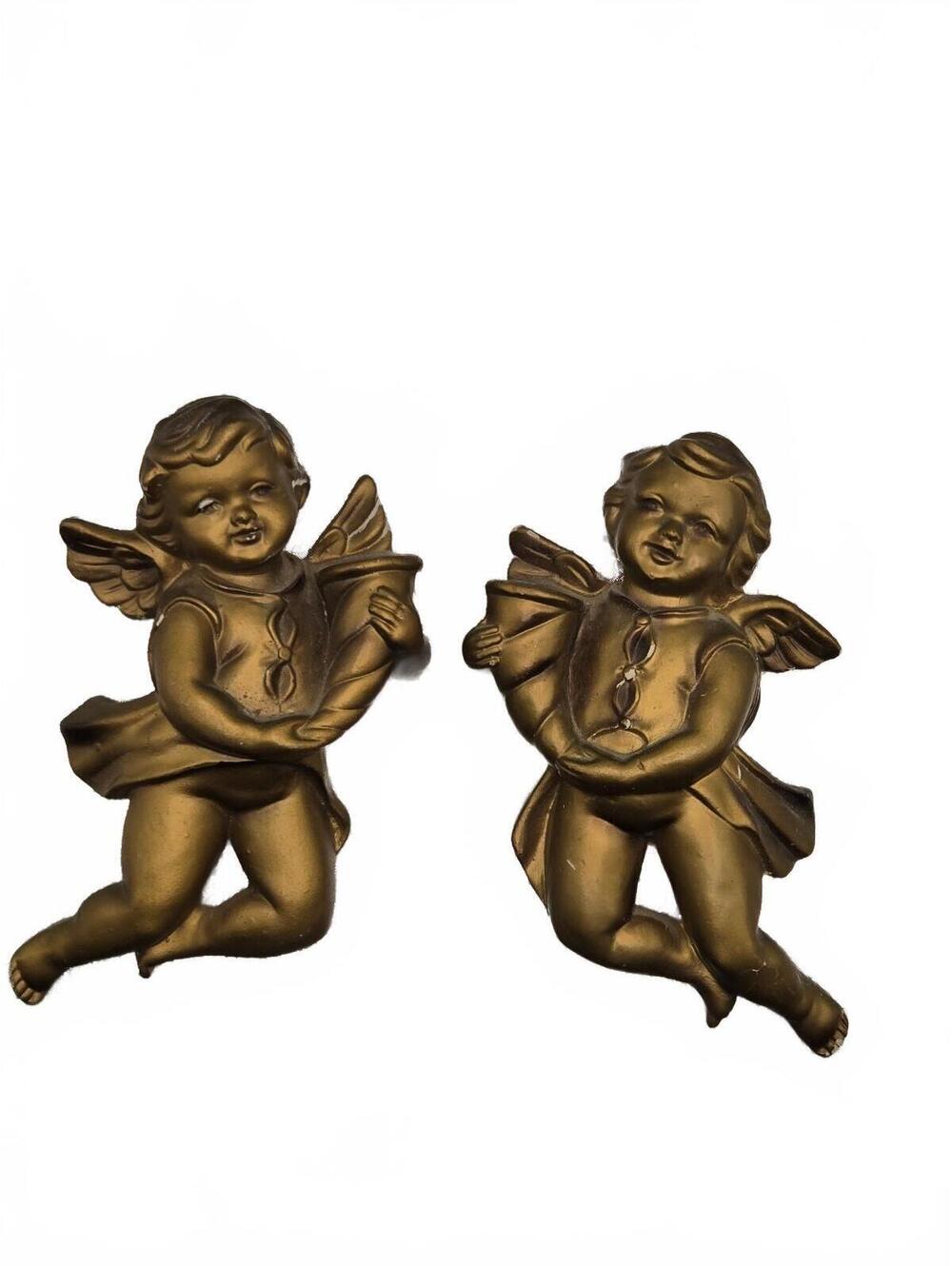 Pair VtgGold Cherub Angel Wall Plaques, sconces Hanging Decor